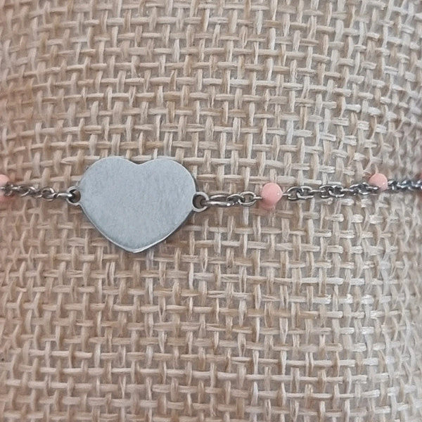 bijou fantaisie femme cœur argenté et perles roses