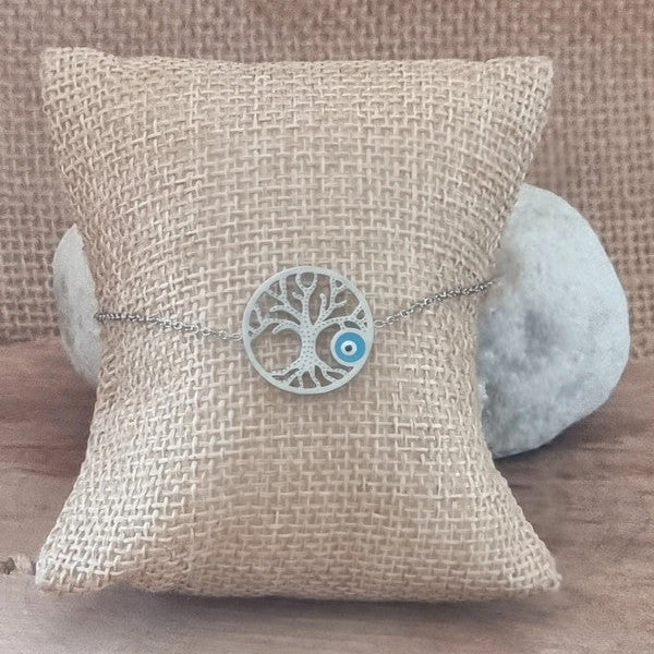 Bijou fantaisie femme argenté avec symbole arbre de vie et perle bleue