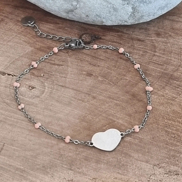 Bracelet élégant argenté cœur et mini perles roses