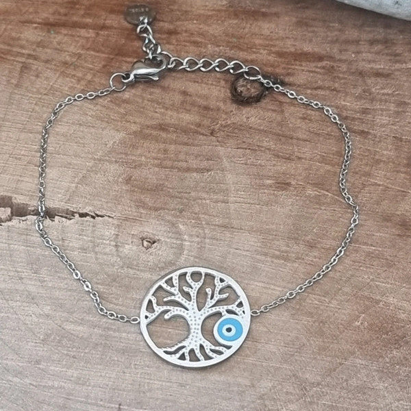 Bracelet élégant et protecteur arbre de vie argenté œil bleu