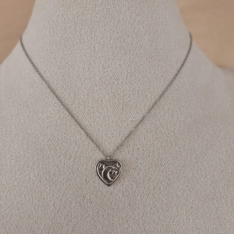 Collier femme en acier inoxydable avec pendentif cœur lune et étoiles