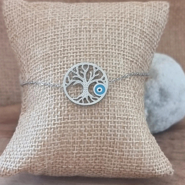Bracelet argenté arbre de vie avec œil bleu porte-bonheur