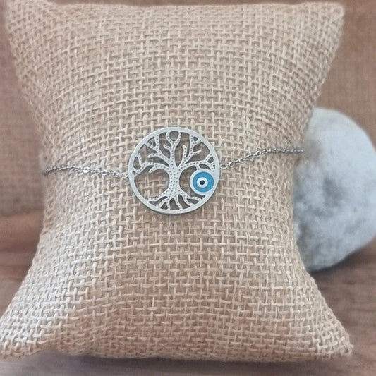 Bracelet argenté arbre de vie avec œil bleu porte-bonheur