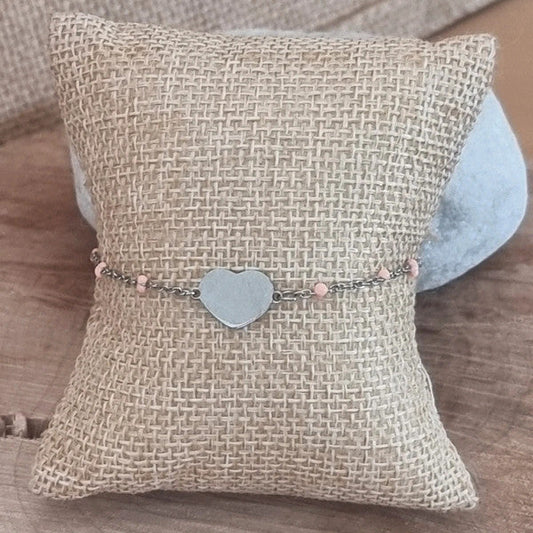 Bracelet argenté cœur mini perles roses