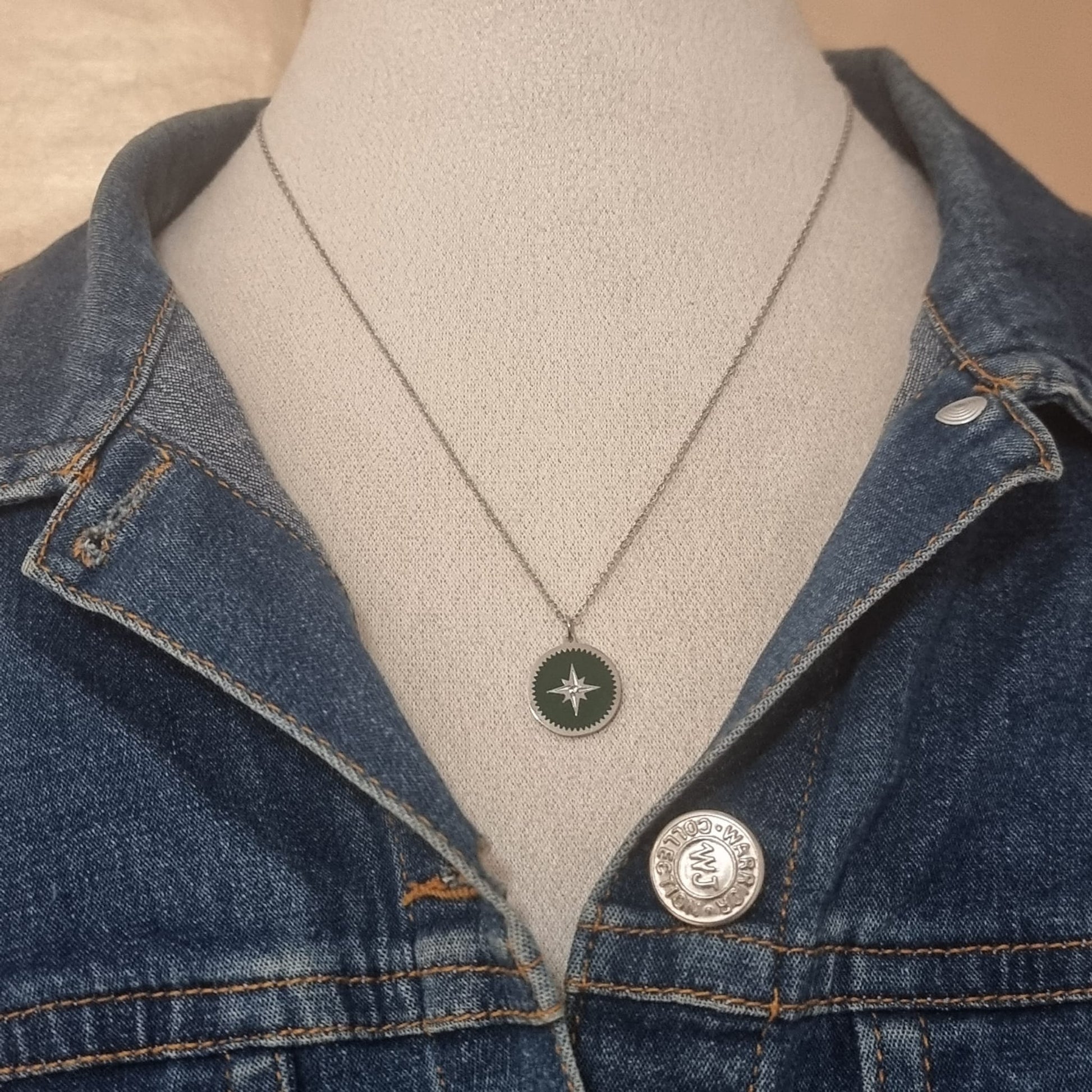 Collier avec pendentif rose des vents argenté sur fond vert.